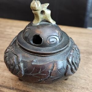 Carved Wooden Incense Holder with Animal Figurine